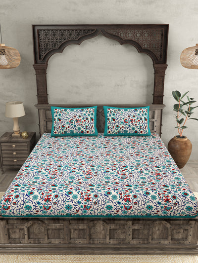 Double Bedsheet With Sea Green Branch Of Pomegranate With Two Pillow Cover