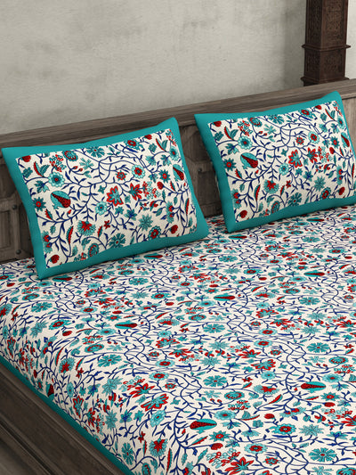 Double Bedsheet With Sea Green Branch Of Pomegranate With Two Pillow Cover
