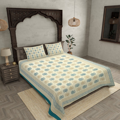 Sea Green Trees Double Bedsheet With 2 Pillow covers