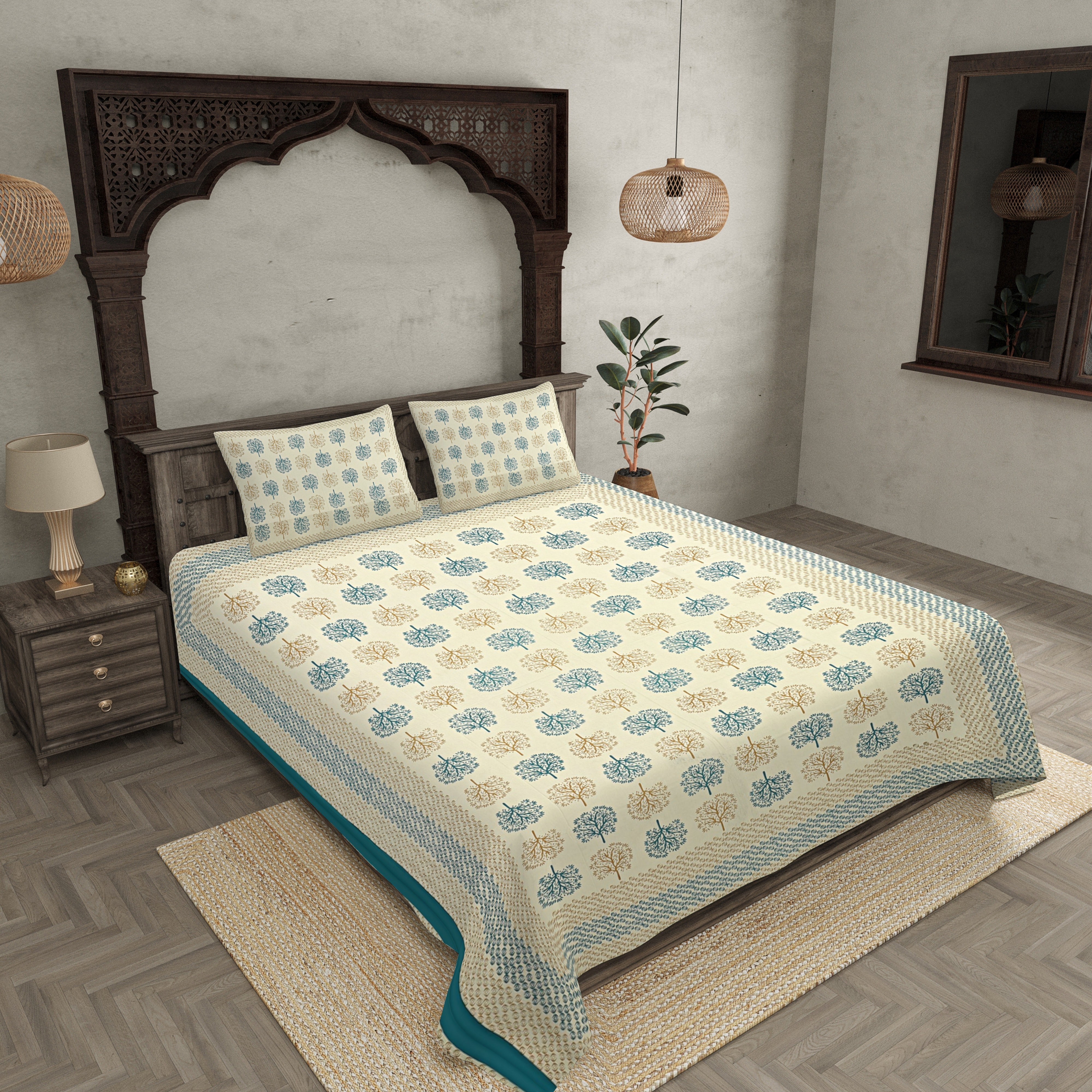 Sea Green Trees Double Bedsheet With 2 Pillow covers