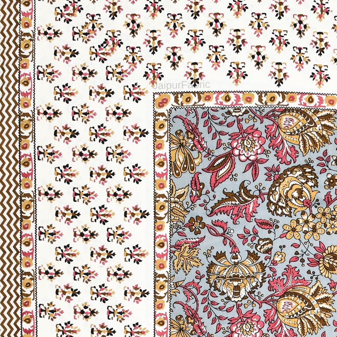 Mughal Garden Floral Cream Multi Double Bedsheet Pure Cotton