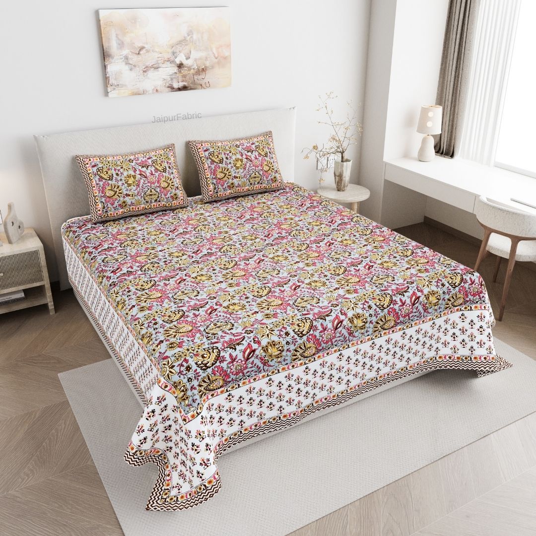 Mughal Garden Floral Cream Multi Double Bedsheet Pure Cotton