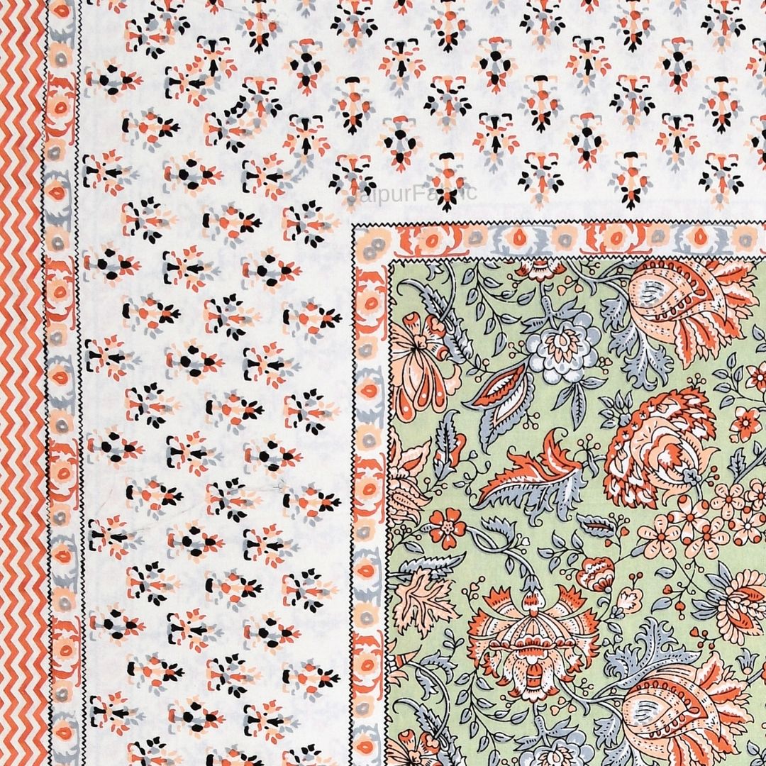 Mughal Garden Floral Mint Green Double Bedsheet Pure Cotton