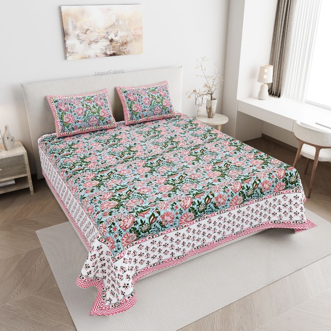 Mughal Garden Floral Sky Blue Double Bedsheet Pure Cotton