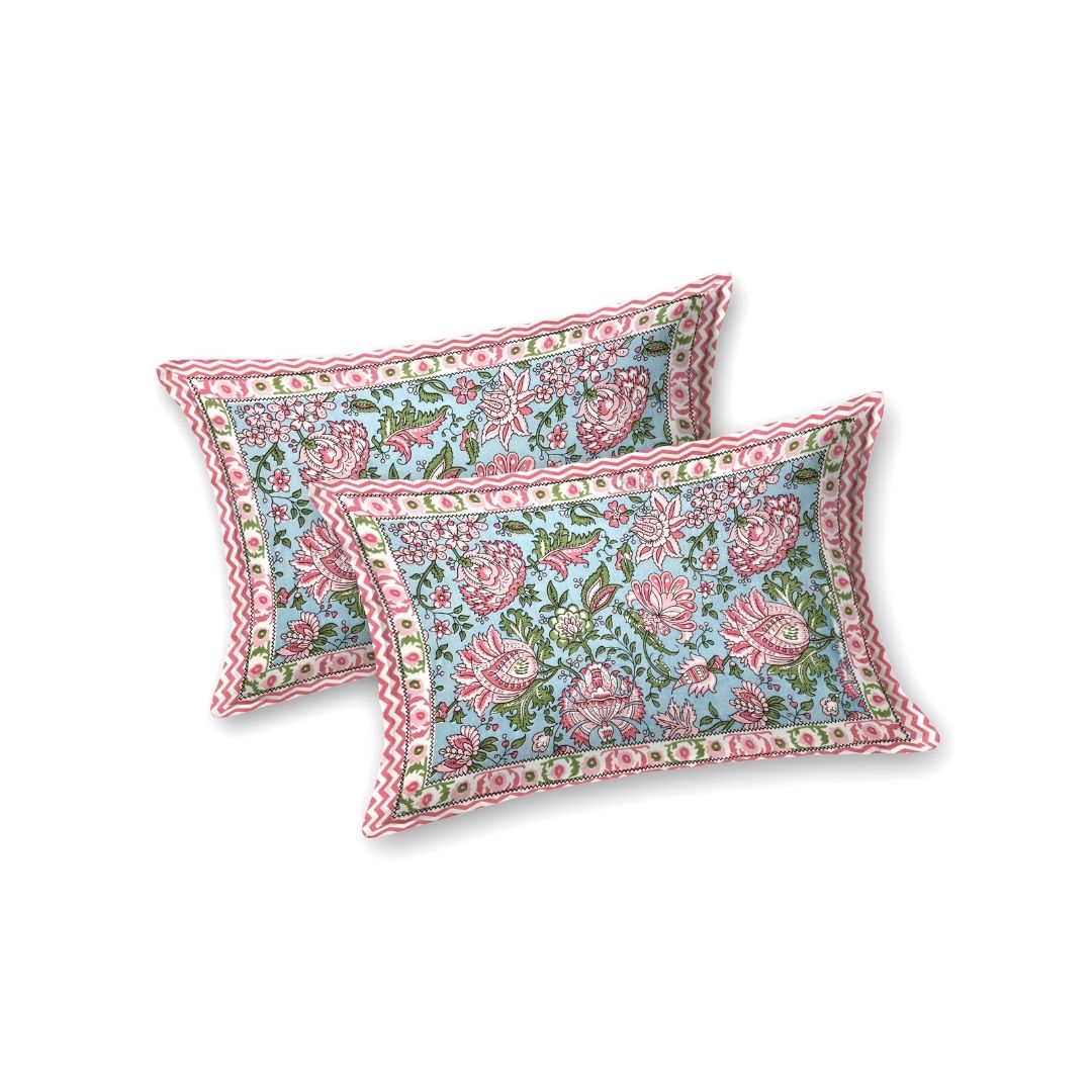 Mughal Garden Floral Sky Blue Double Bedsheet Pure Cotton