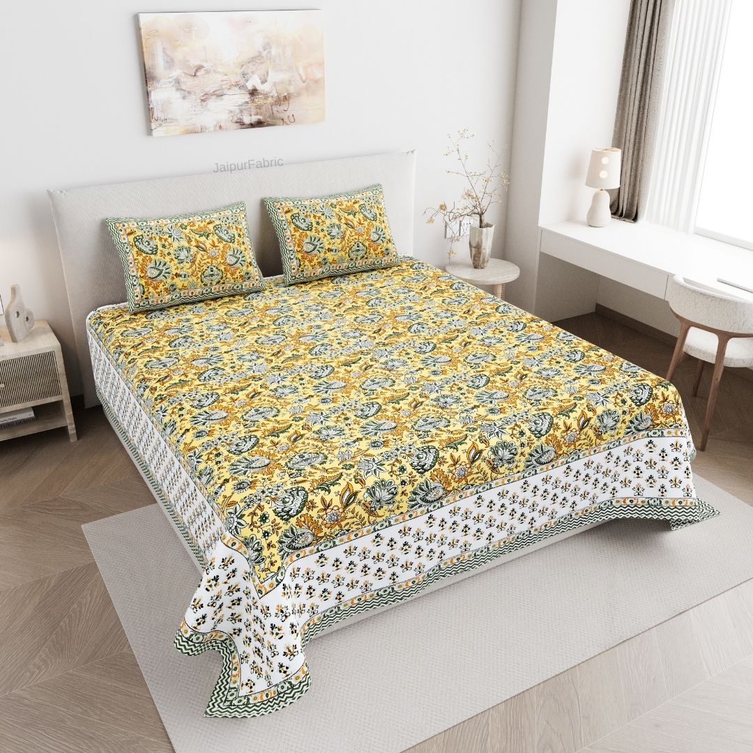 Mughal Garden Floral Sun Yellow Double Bedsheet Pure Cotton