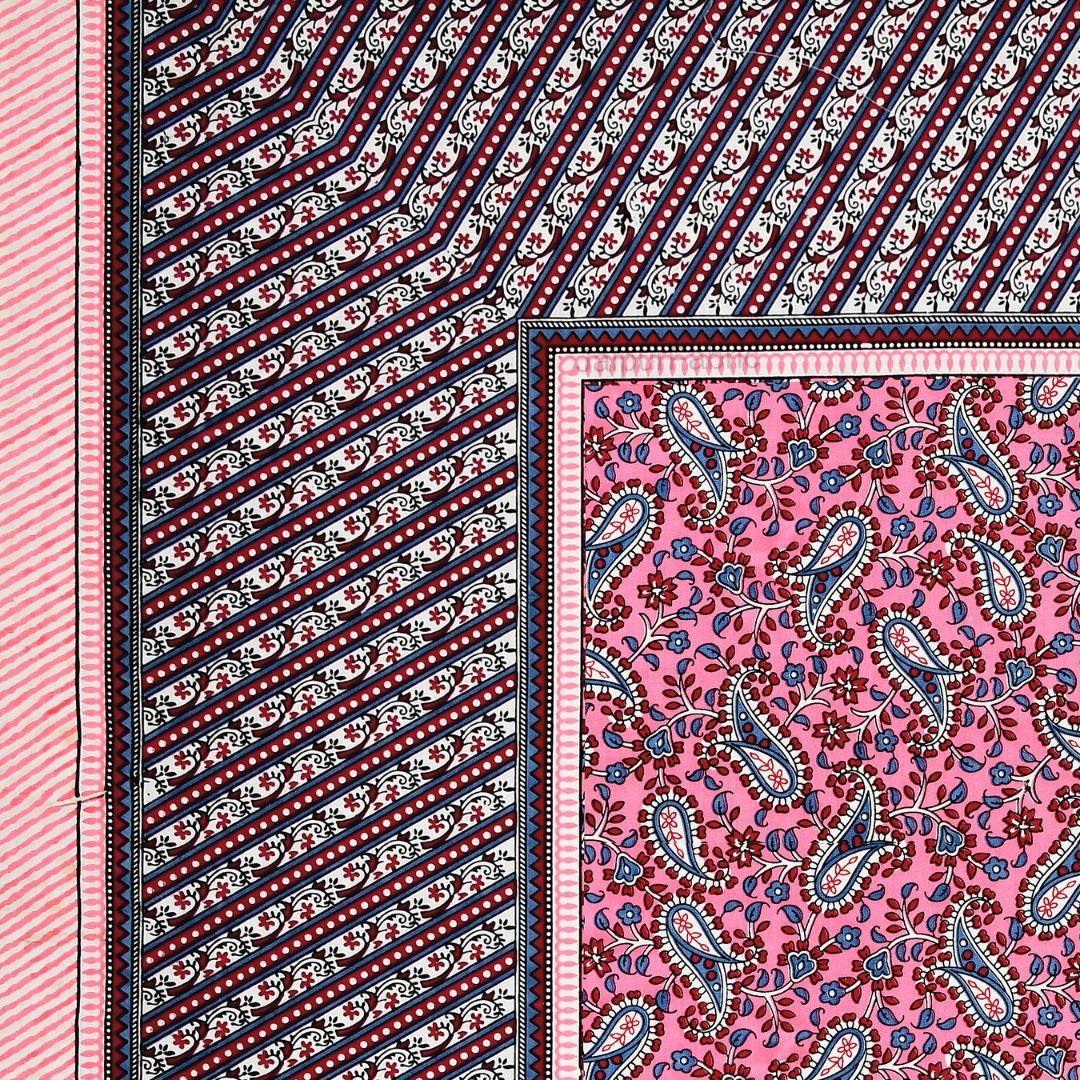 Royal Sanganeri Paisley Pink Double Bedsheet Pure Cotton