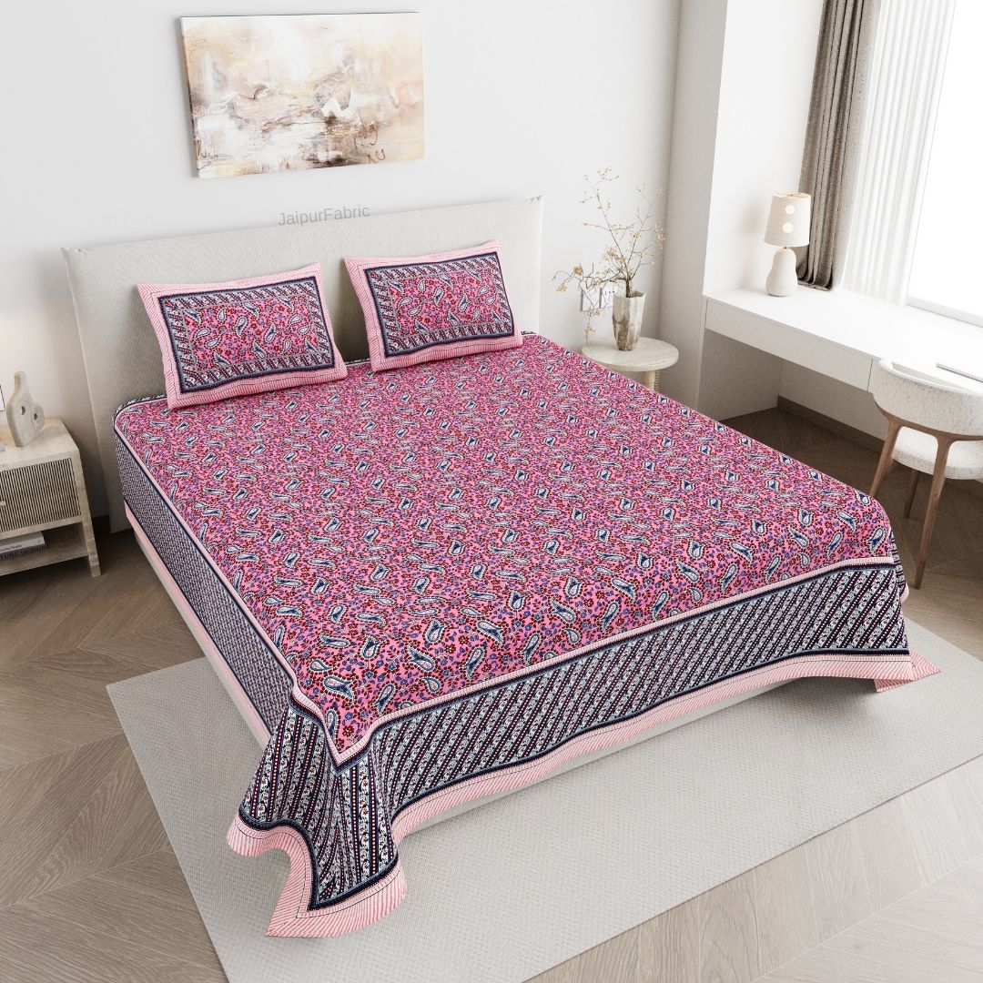 Royal Sanganeri Paisley Pink Double Bedsheet Pure Cotton