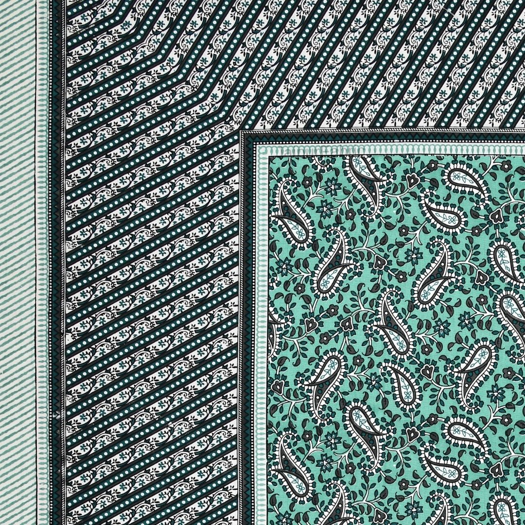 Royal Sanganeri Paisley Teal Green Double Bedsheet Pure Cotton
