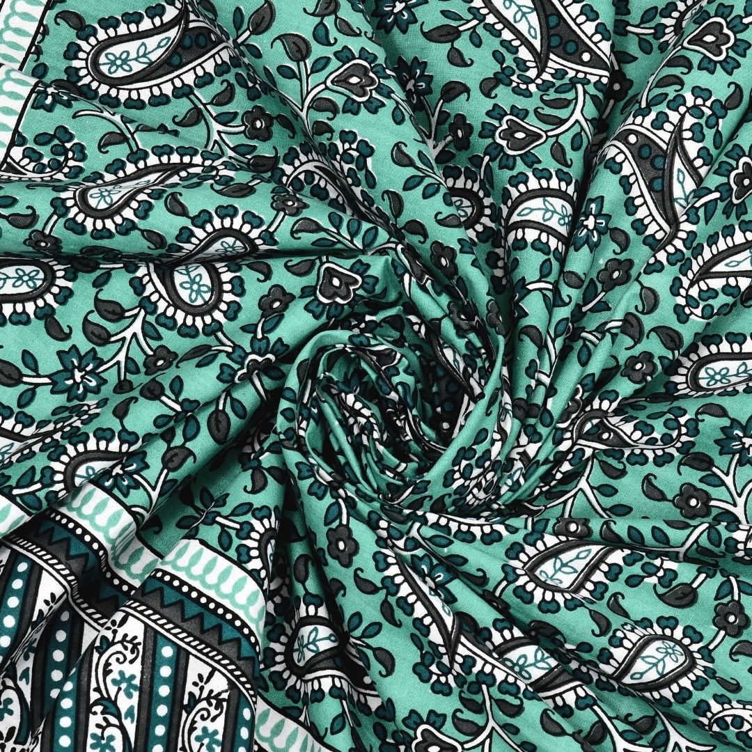 Royal Sanganeri Paisley Teal Green Double Bedsheet Pure Cotton