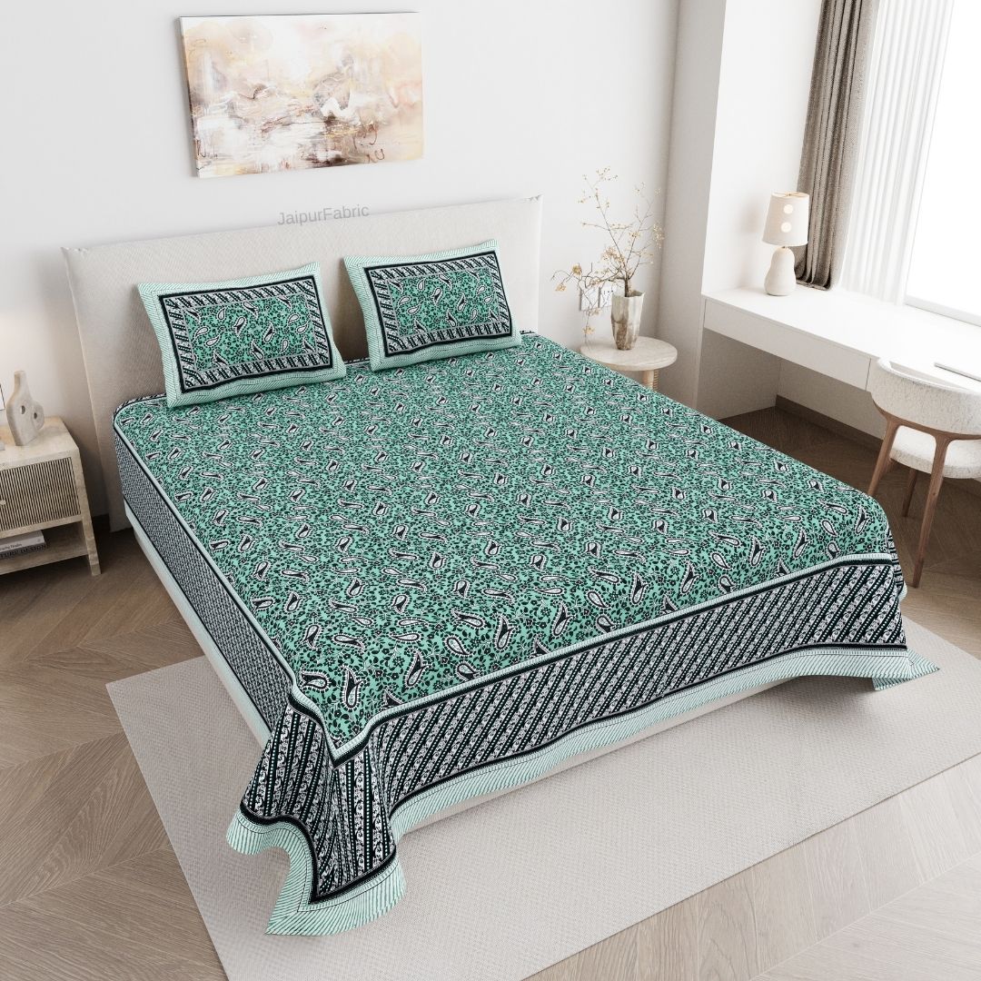 Royal Sanganeri Paisley Teal Green Double Bedsheet Pure Cotton