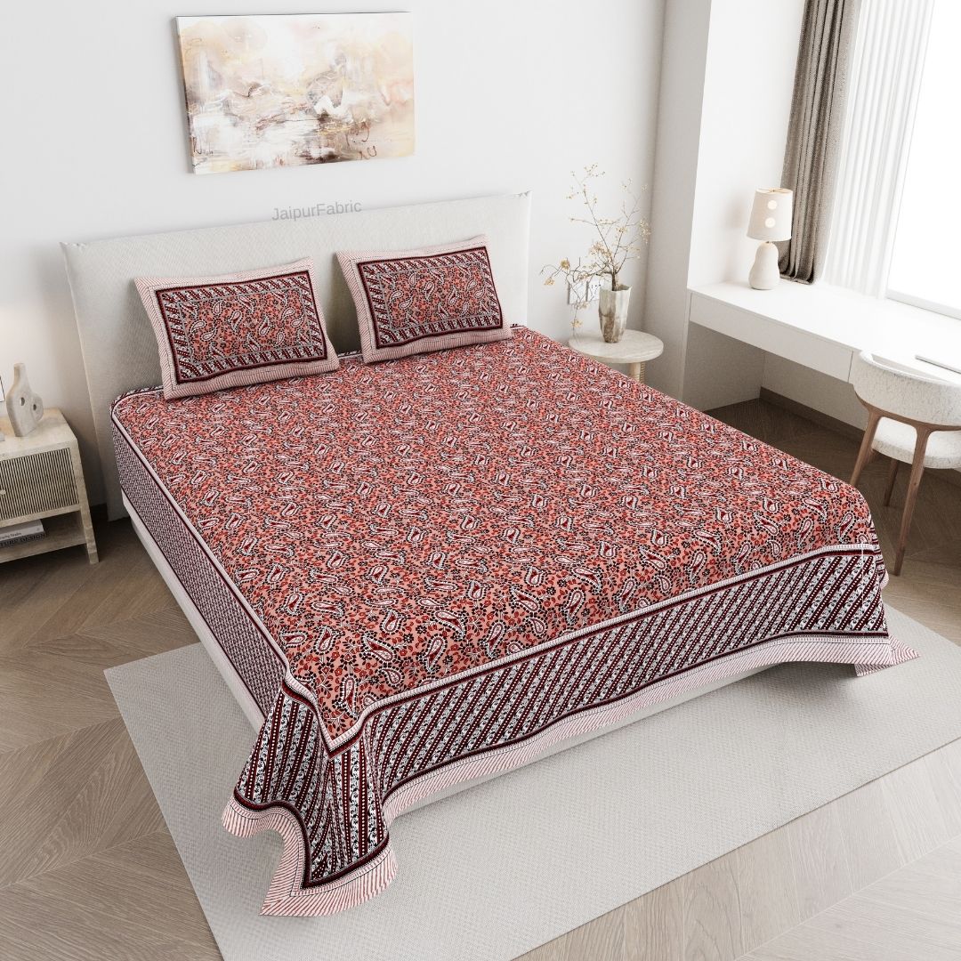 Royal Sanganeri Paisley Rust Red Double Bedsheet Pure Cotton