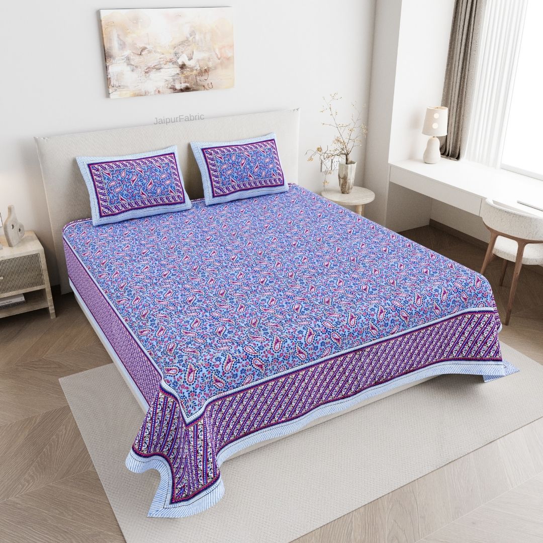 Royal Sanganeri Paisley Blue Double Bedsheet Pure Cotton