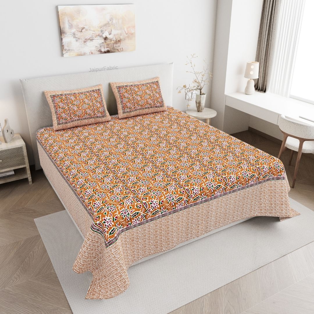 Classic Buta Print Mustard Gold Double Bedsheet Pure Cotton