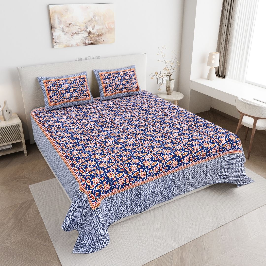 Classic Buta Print Indigo Blue Double Bedsheet Pure Cotton