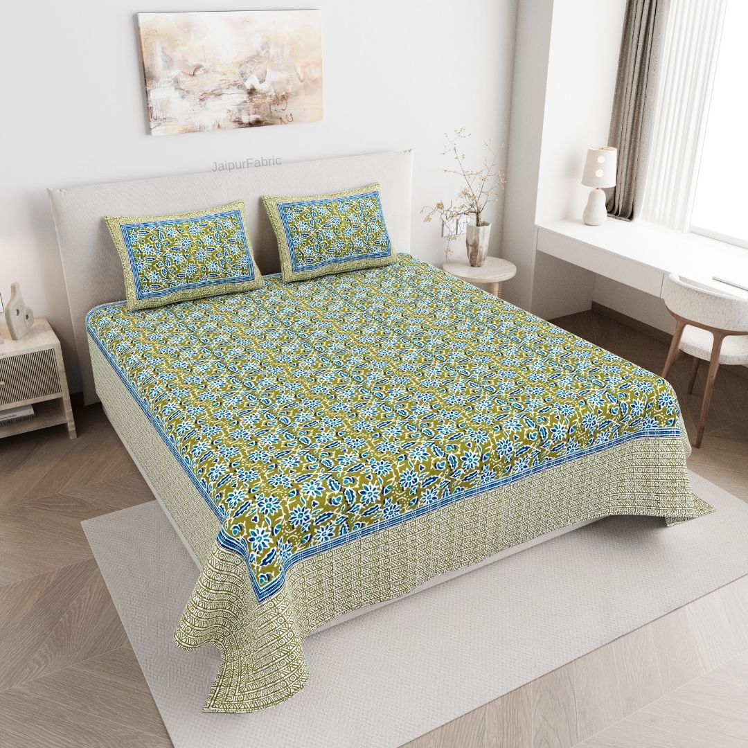 Classic Buta Print Leaf Green Double Bedsheet Pure Cotton
