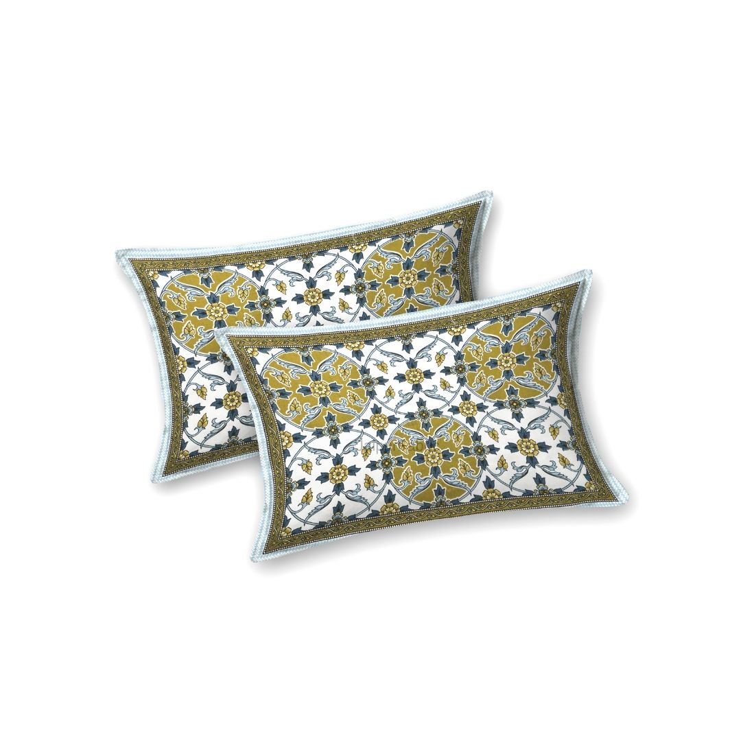 Majestic Jaipuri Mandala Mustard Olive Double Bedsheet Pure Cotton