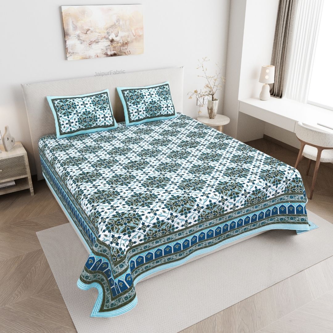 Majestic Jaipuri Mandala Ocean Teal Double Bedsheet Pure Cotton