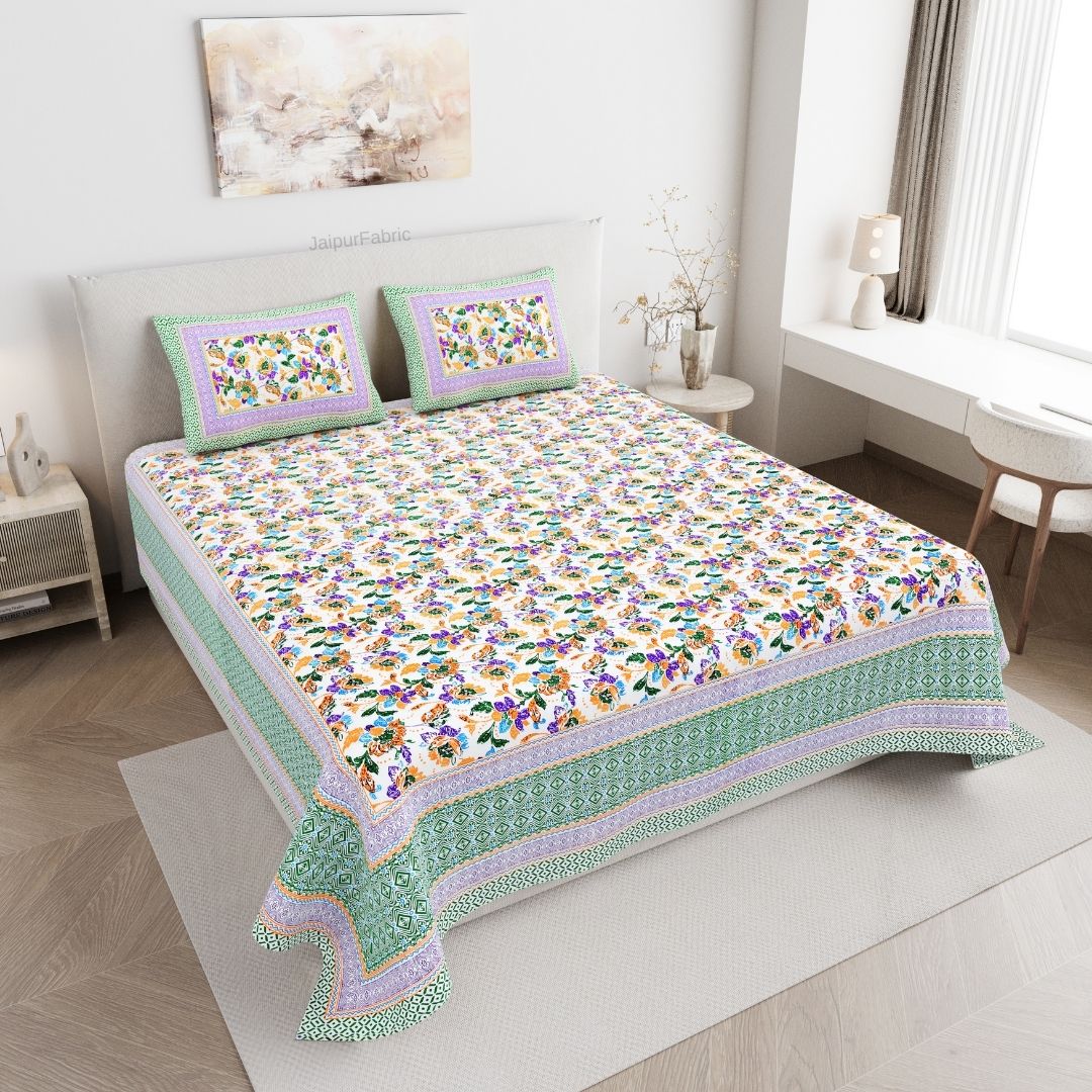 Imperial Floral Bouquet Spring Green Double Bedsheet Pure Cotton