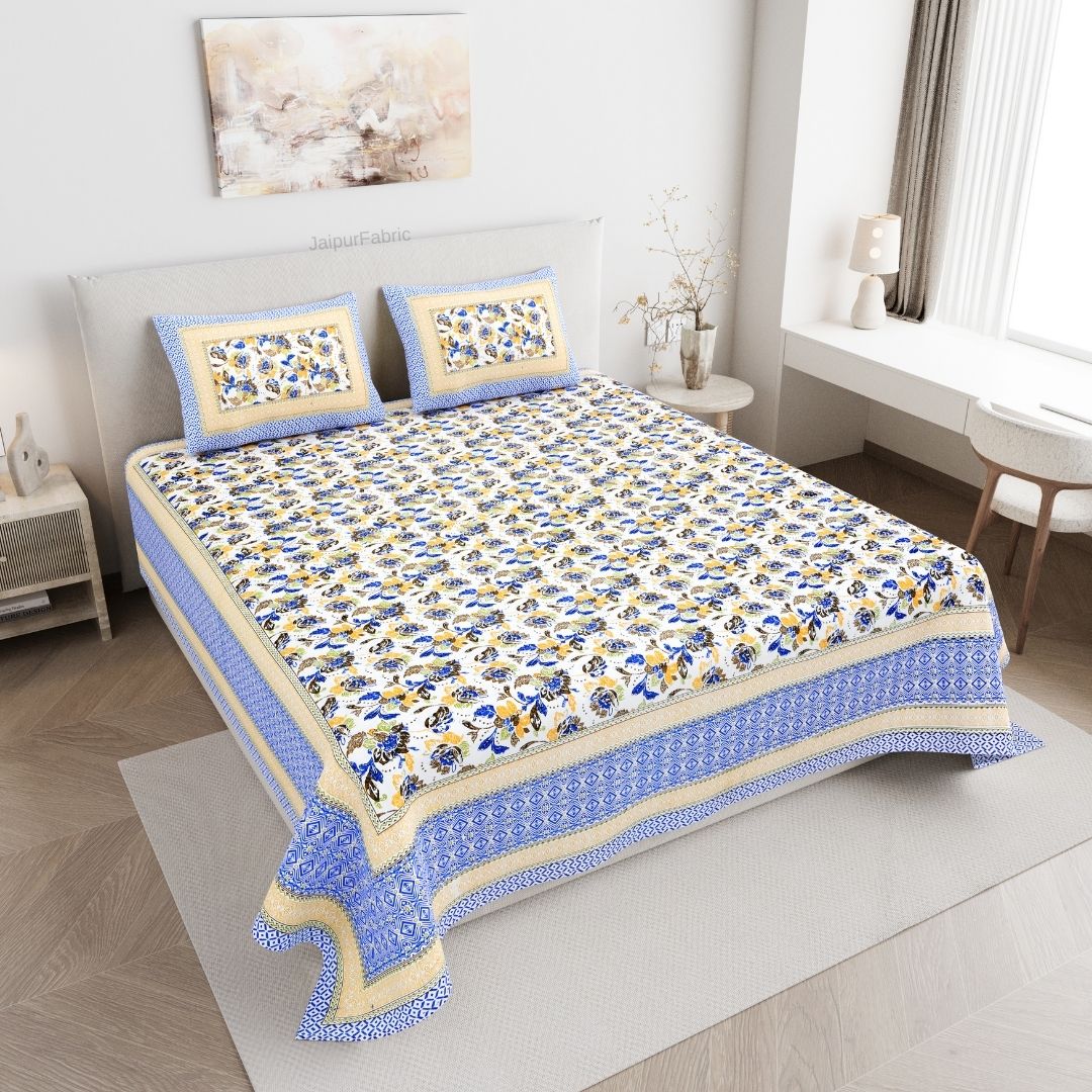 Imperial Floral Bouquet Sunny Blue Double Bedsheet Pure Cotton