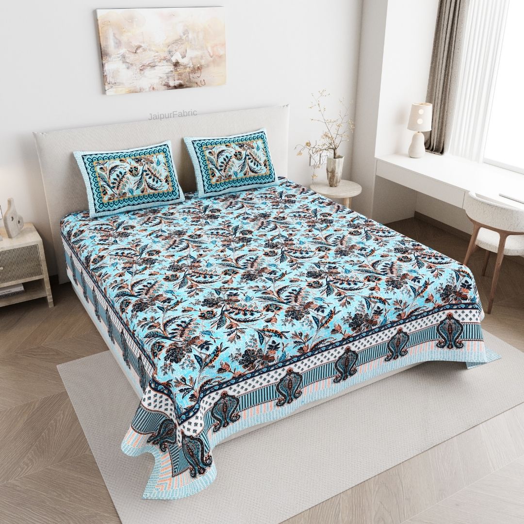 Royal Fern Scroll Turquoise Blue Double Bedsheet Pure Cotton