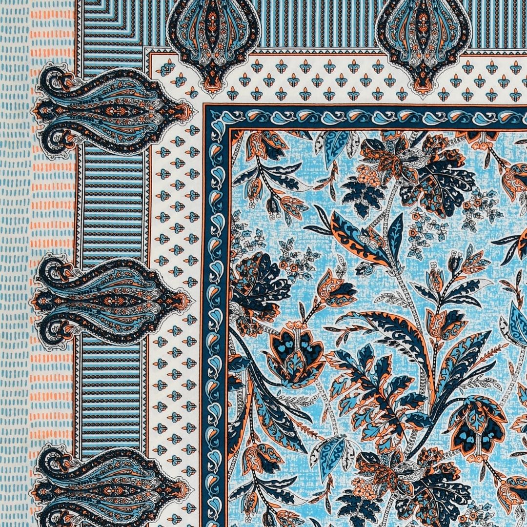 Royal Fern Scroll Turquoise Blue Double Bedsheet Pure Cotton