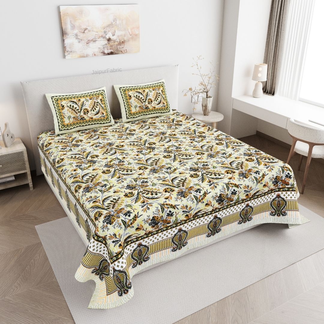 Royal Fern Scroll Cream Yellow Double Bedsheet Pure Cotton