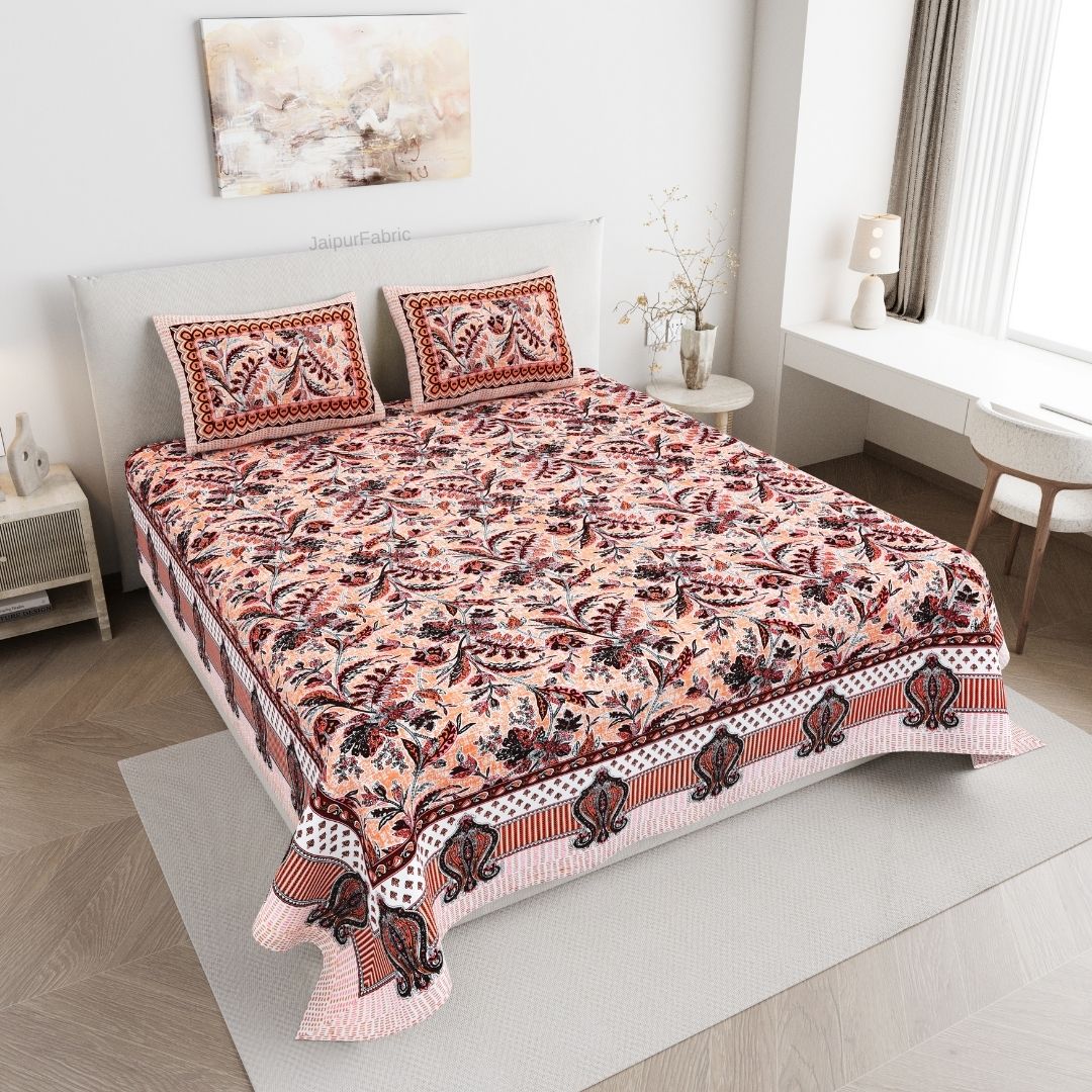 Royal Fern Scroll Peach Rust Double Bedsheet Pure Cotton