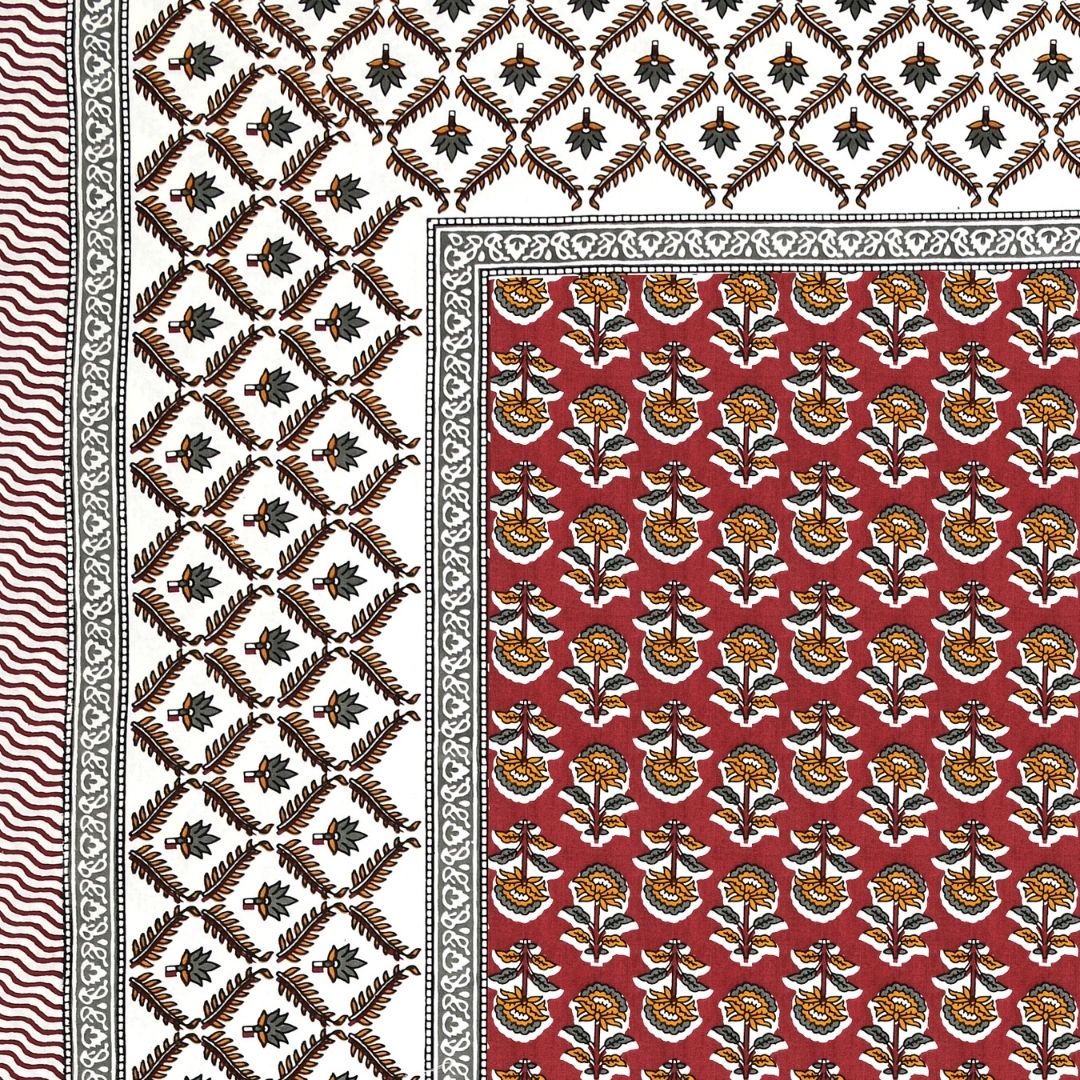 Classic Sanganeri Buti Crimson Mustard Double Bedsheet Pure Cotton