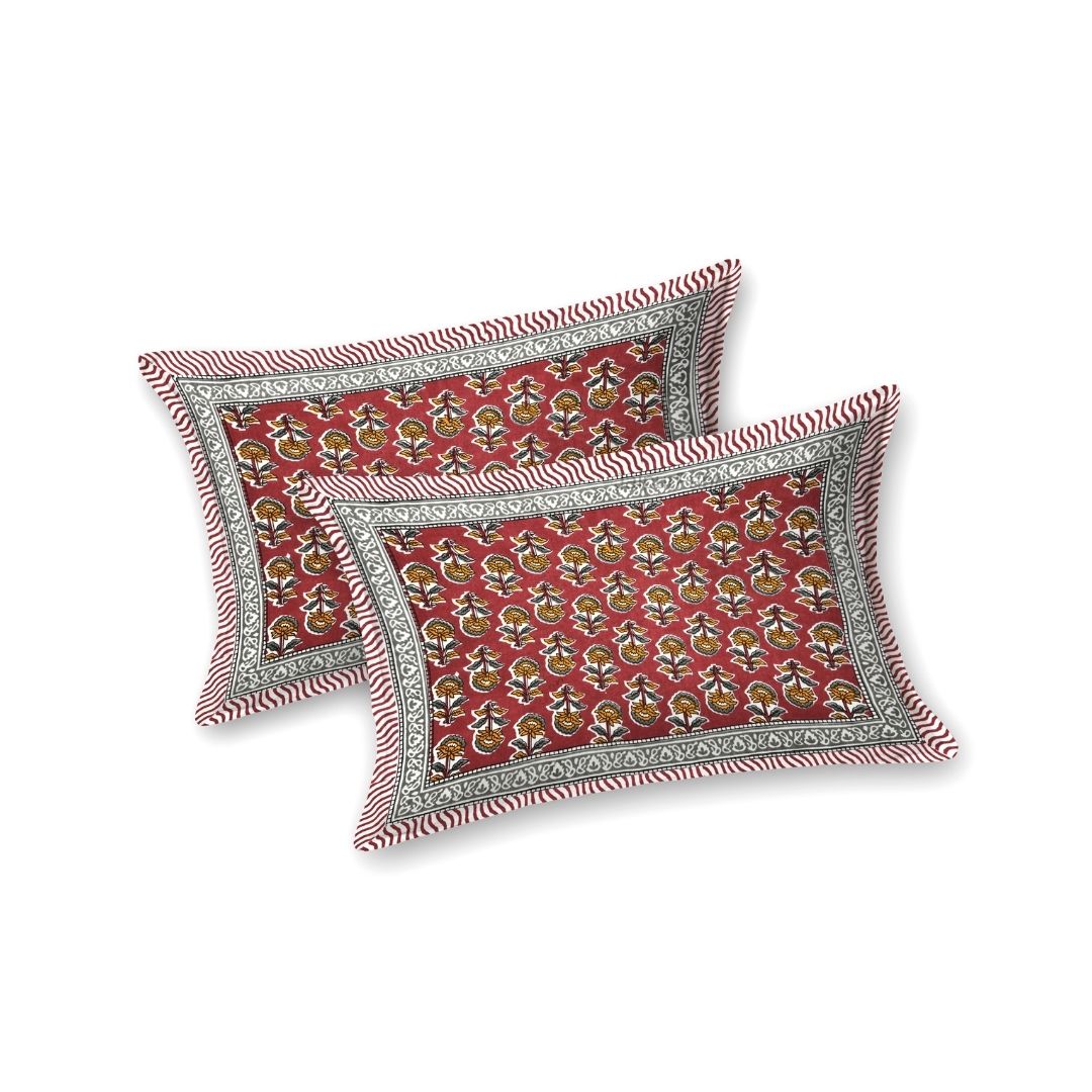 Classic Sanganeri Buti Crimson Mustard Double Bedsheet Pure Cotton