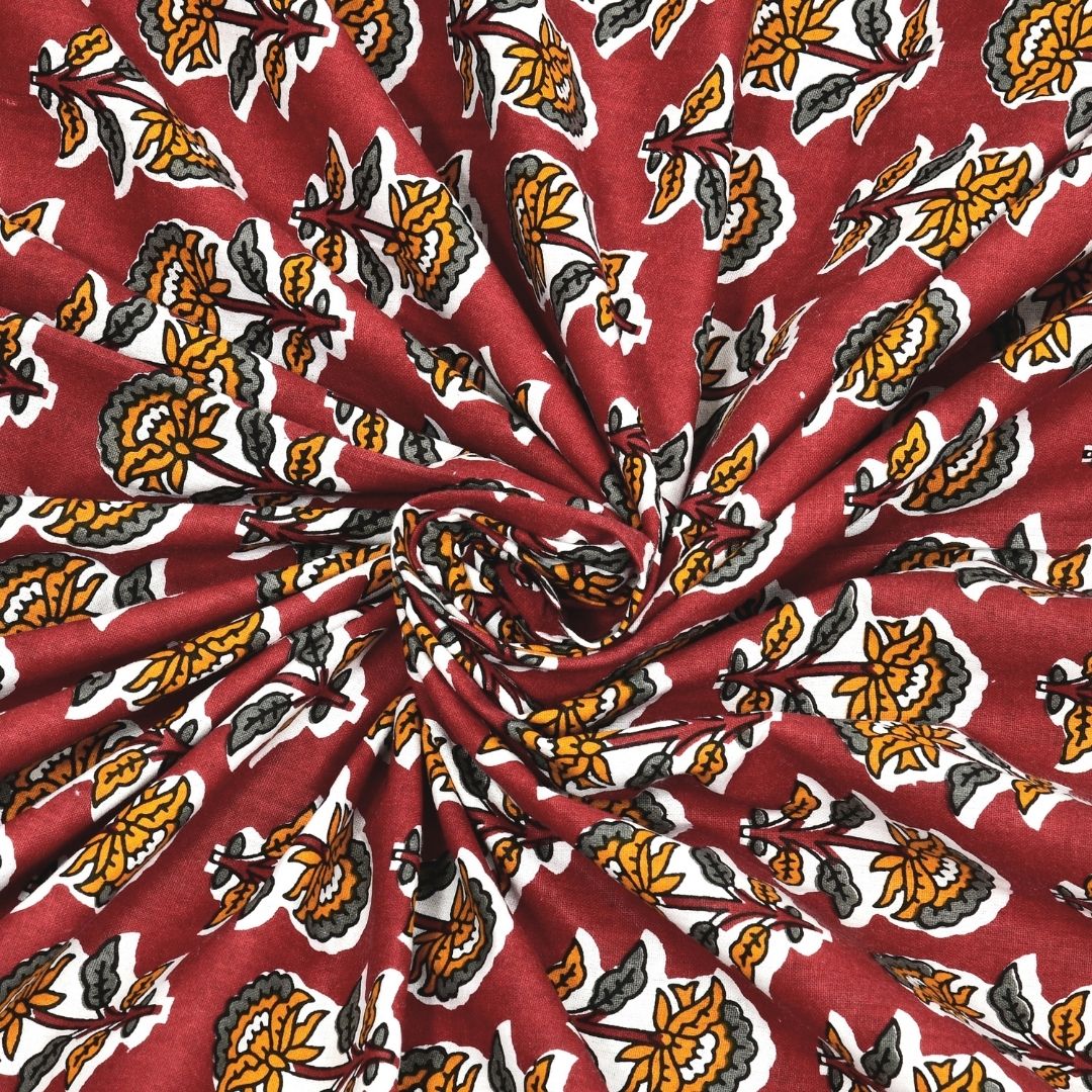 Classic Sanganeri Buti Crimson Mustard Double Bedsheet Pure Cotton