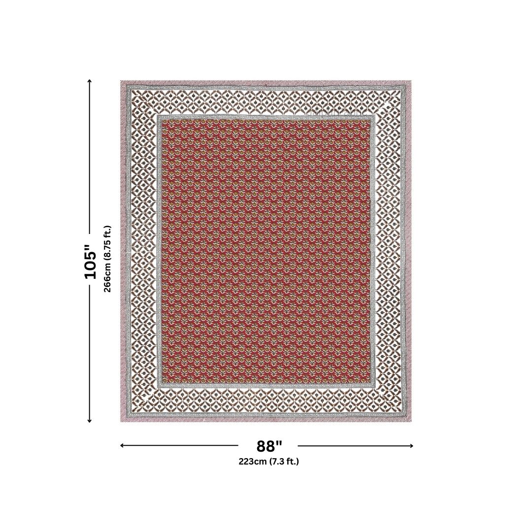 Classic Sanganeri Buti Crimson Mustard Double Bedsheet Pure Cotton