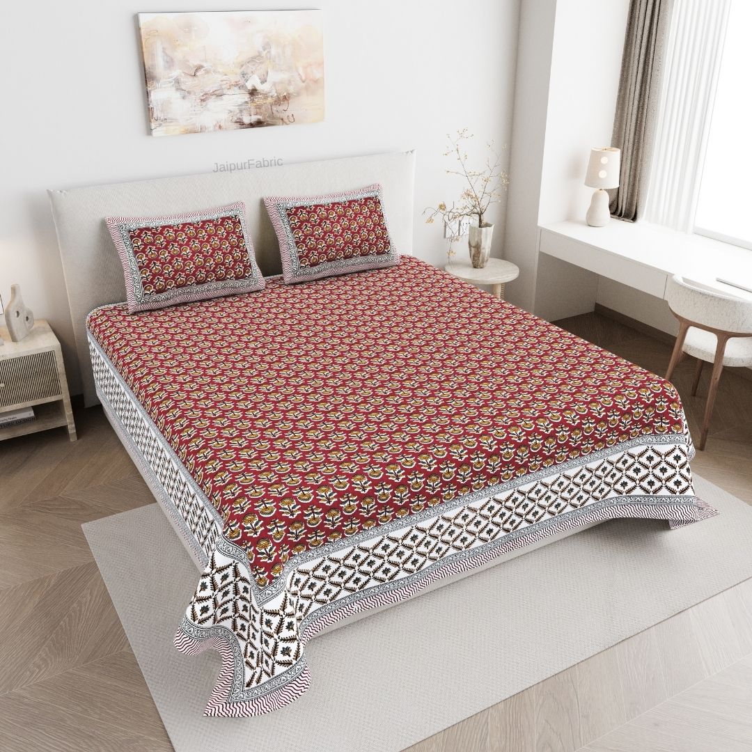 Classic Sanganeri Buti Crimson Mustard Double Bedsheet Pure Cotton