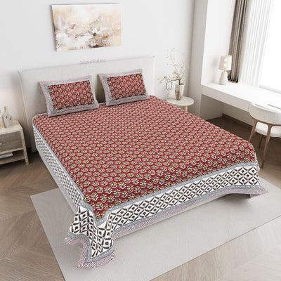 Classic Sanganeri Buti Crimson Mustard Double Bedsheet Pure Cotton