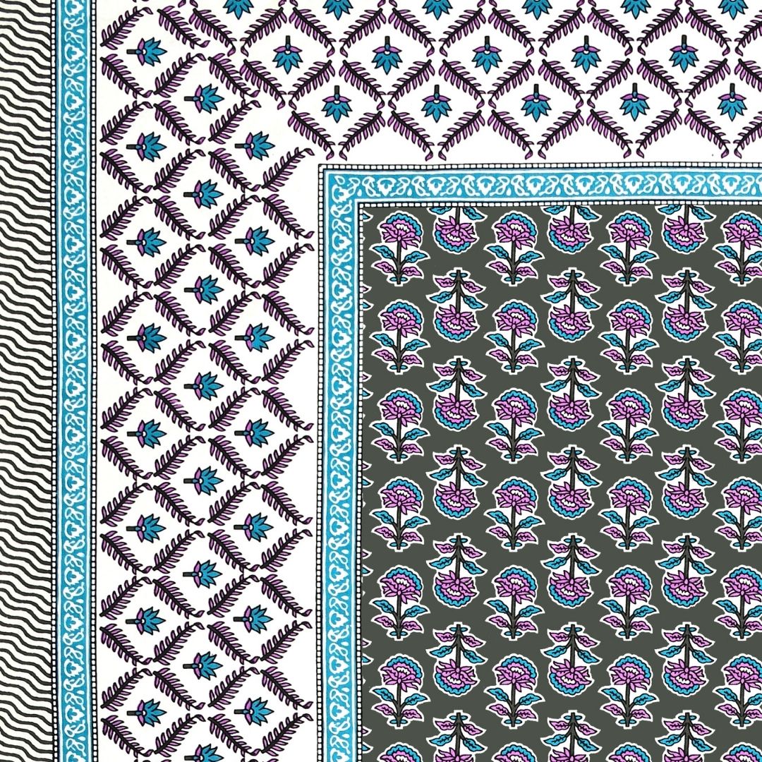 Classic Sanganeri Buti Charcoal Grey Double Bedsheet Pure Cotton