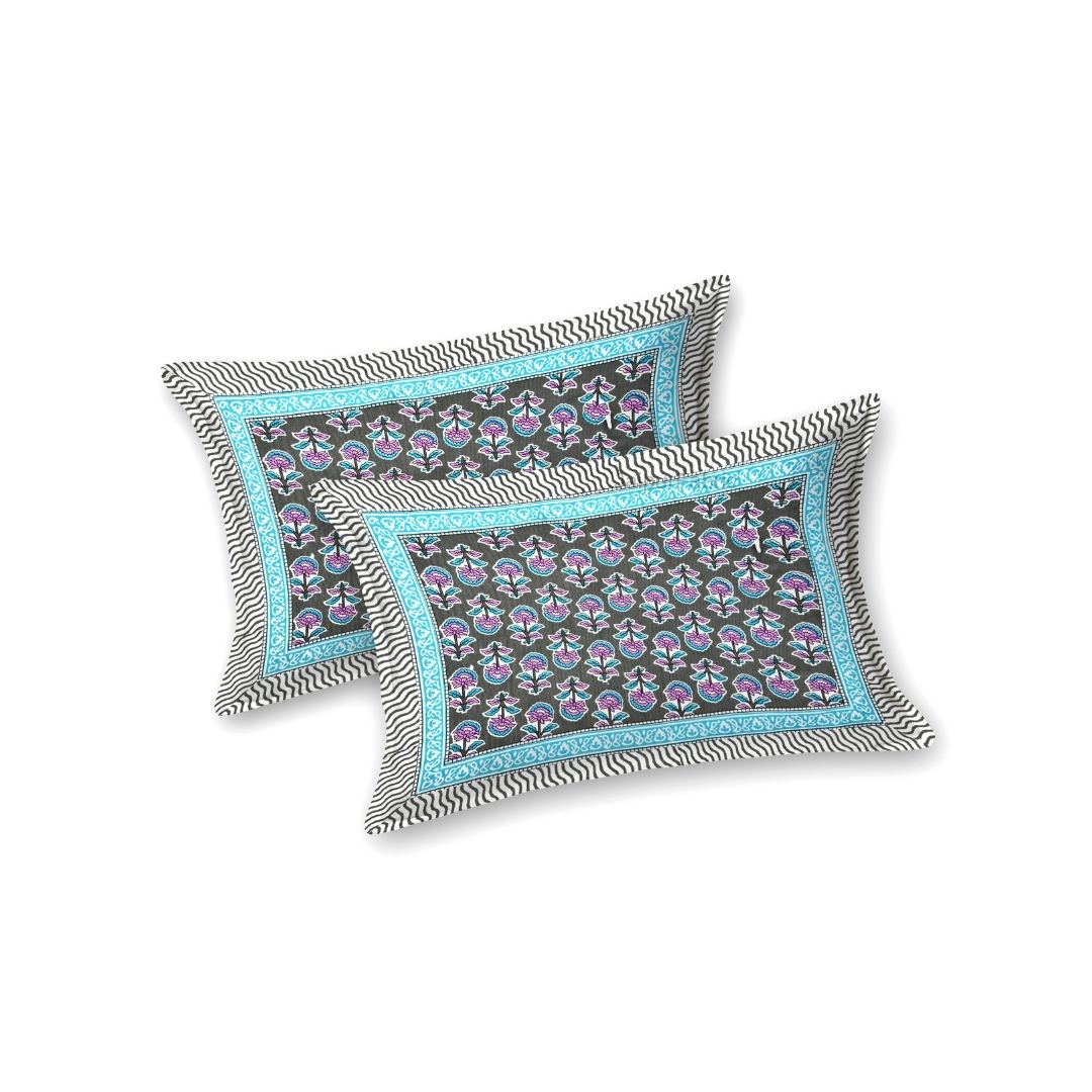 Classic Sanganeri Buti Charcoal Grey Double Bedsheet Pure Cotton