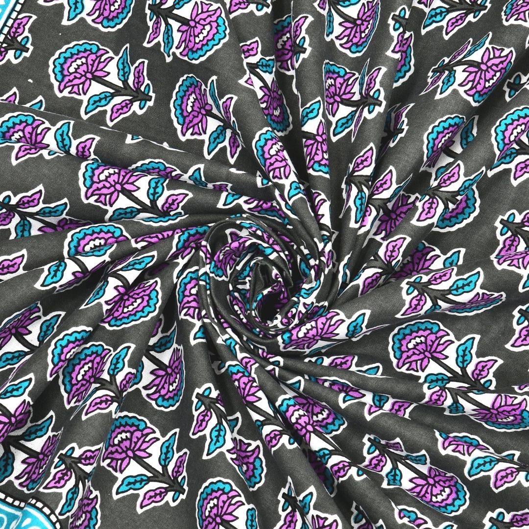 Classic Sanganeri Buti Charcoal Grey Double Bedsheet Pure Cotton