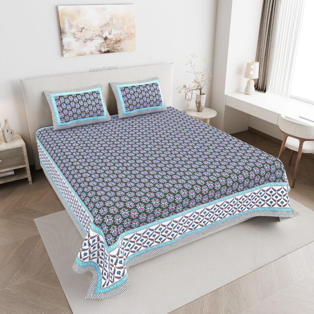 Classic Sanganeri Buti Charcoal Grey Double Bedsheet Pure Cotton