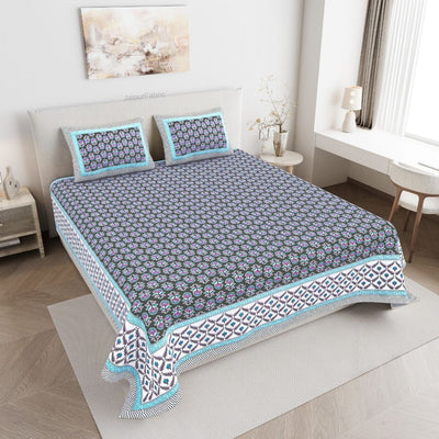 Classic Sanganeri Buti Charcoal Grey Double Bedsheet Pure Cotton