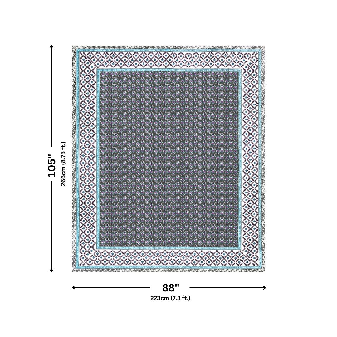 Classic Sanganeri Buti Charcoal Grey Double Bedsheet Pure Cotton