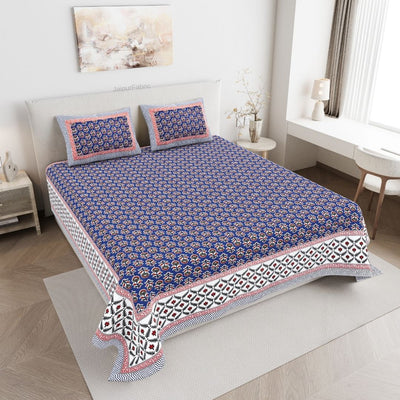Classic Sanganeri Buti Royal Blue Double Bedsheet Pure Cotton