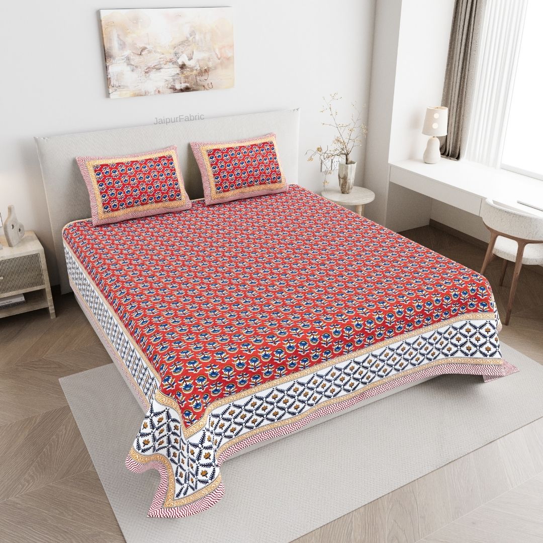 Classic Sanganeri Buti Scarlet Red Double Bedsheet Pure Cotton