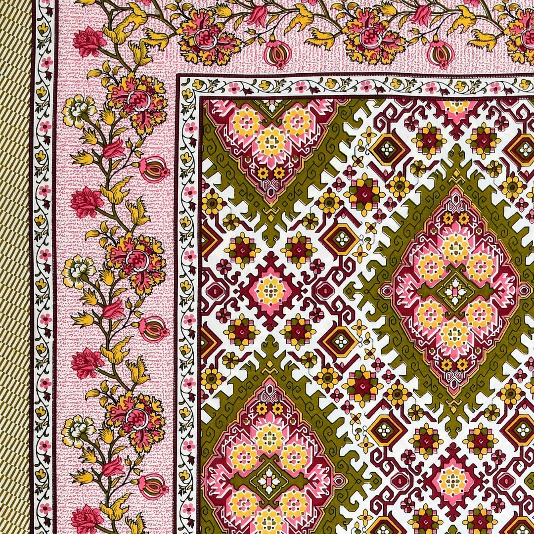 Geometric Ikat Mosaic Olive Pink Double Bedsheet Pure Cotton