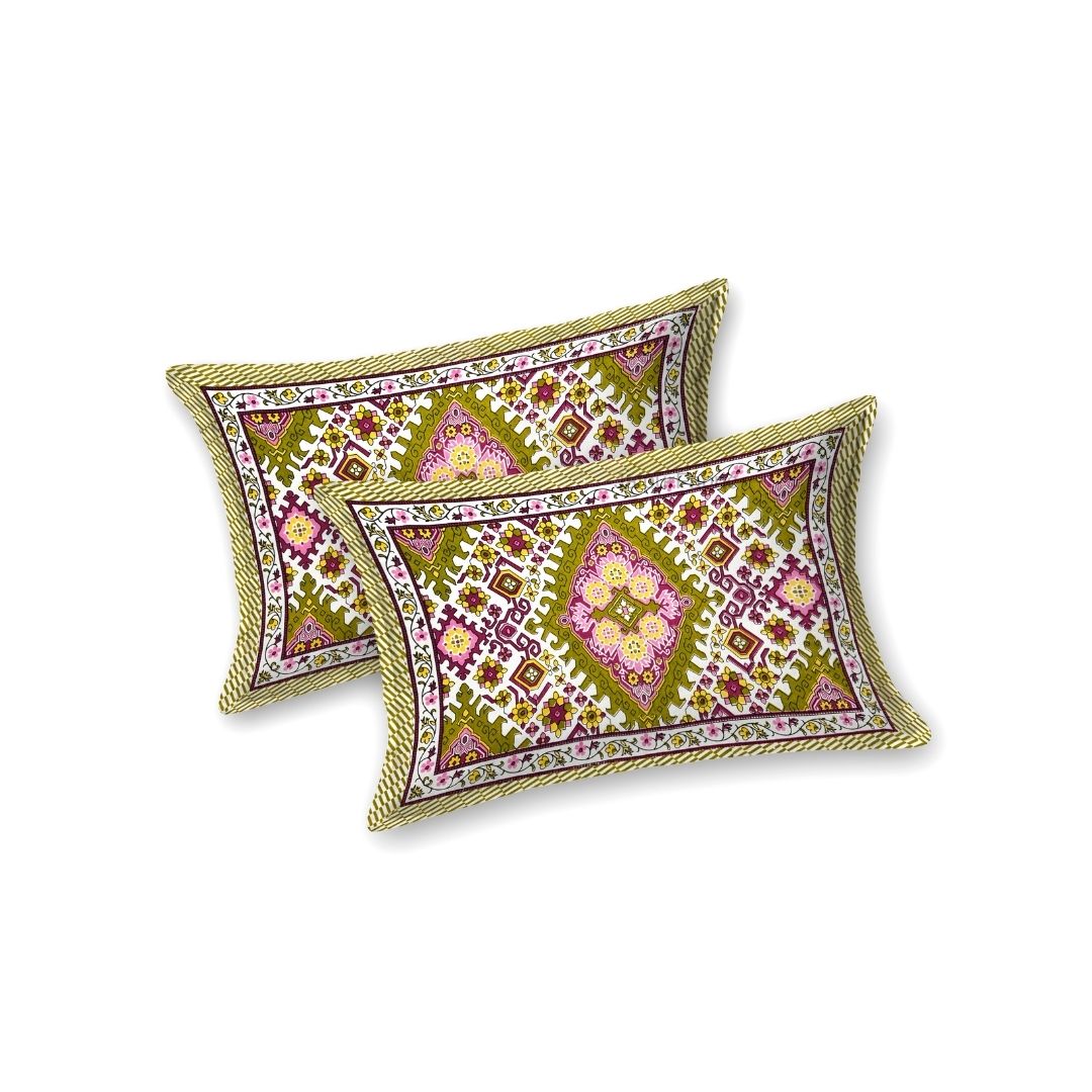 Geometric Ikat Mosaic Olive Pink Double Bedsheet Pure Cotton