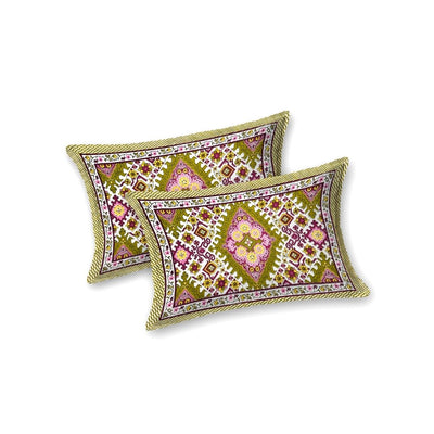 Geometric Ikat Mosaic Olive Pink Double Bedsheet Pure Cotton