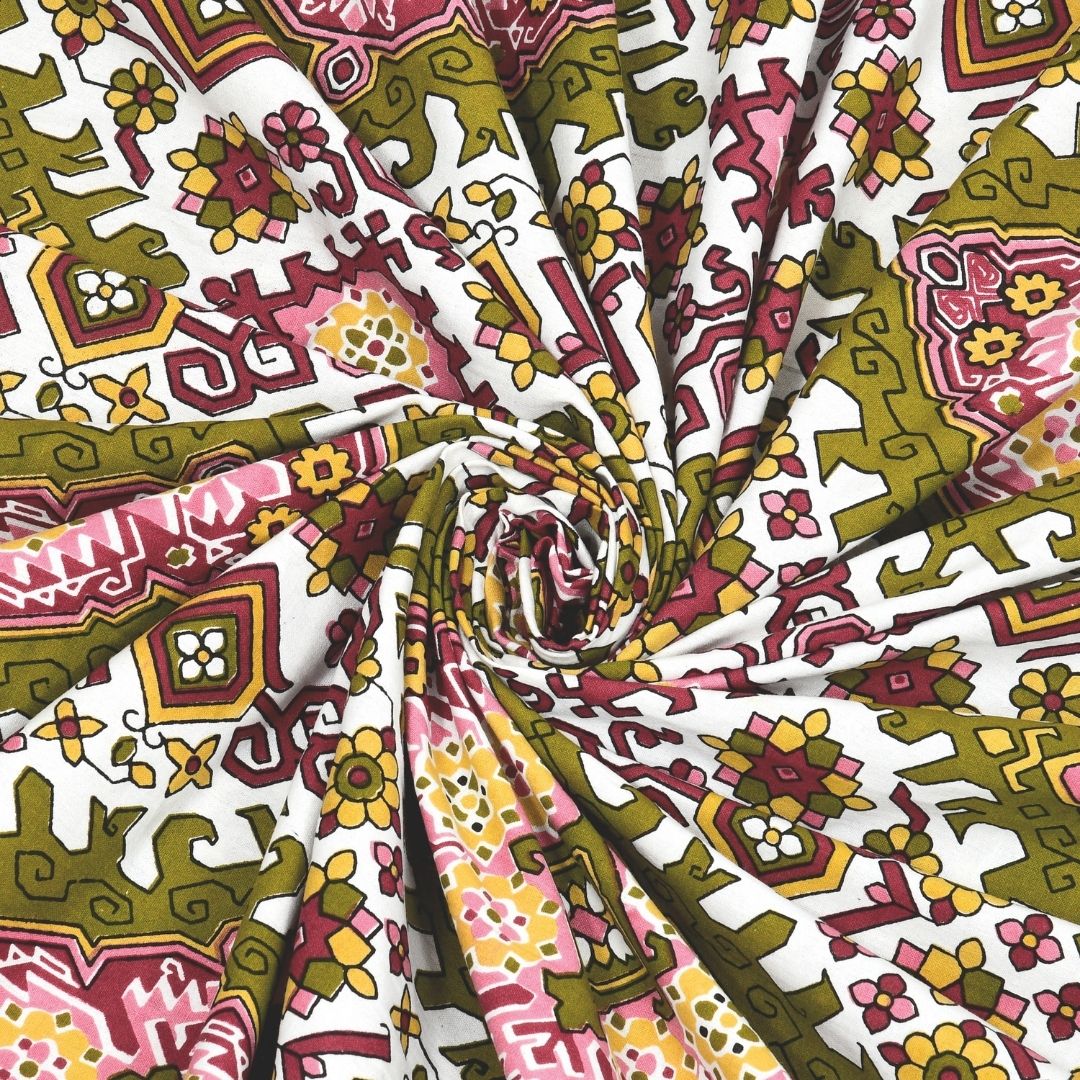 Geometric Ikat Mosaic Olive Pink Double Bedsheet Pure Cotton