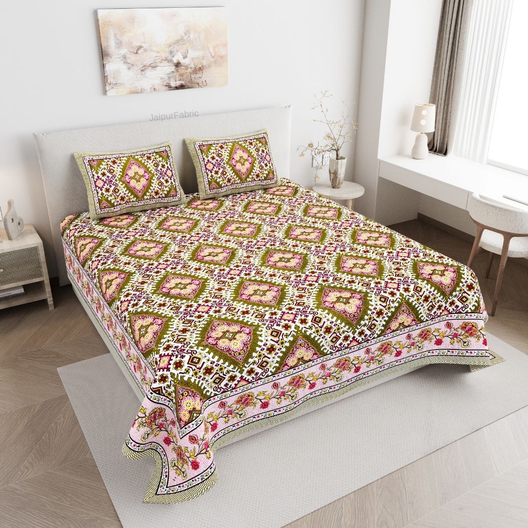 Geometric Ikat Mosaic Olive Pink Double Bedsheet Pure Cotton