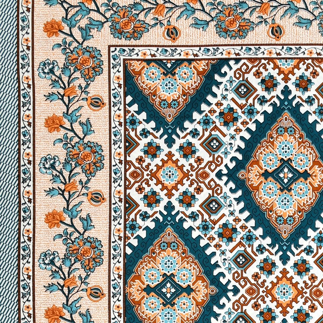 Geometric Ikat Mosaic Teal Orange Double Bedsheet Pure Cotton
