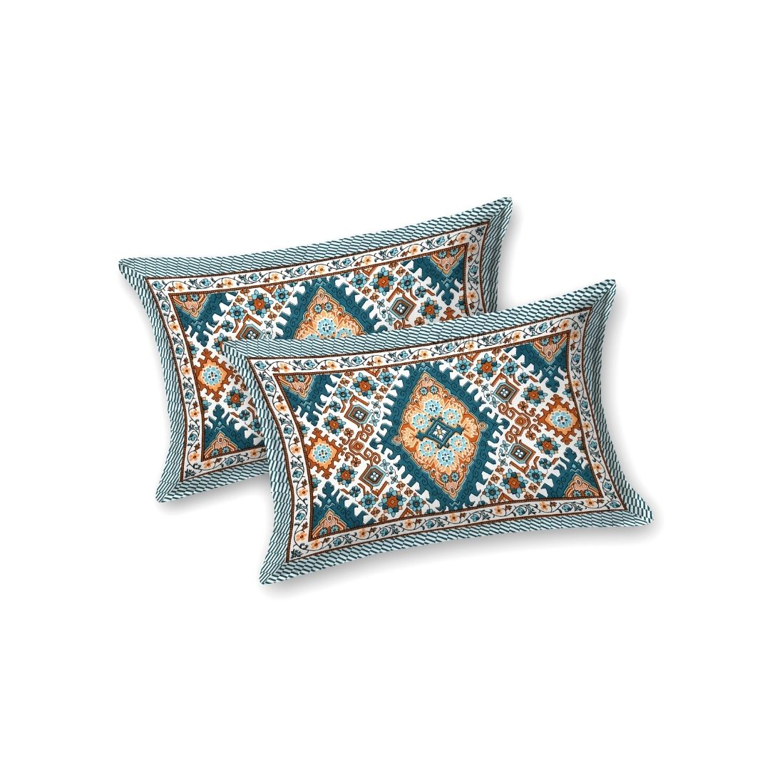 Geometric Ikat Mosaic Teal Orange Double Bedsheet Pure Cotton