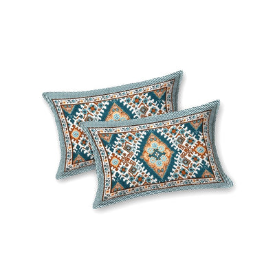 Geometric Ikat Mosaic Teal Orange Double Bedsheet Pure Cotton